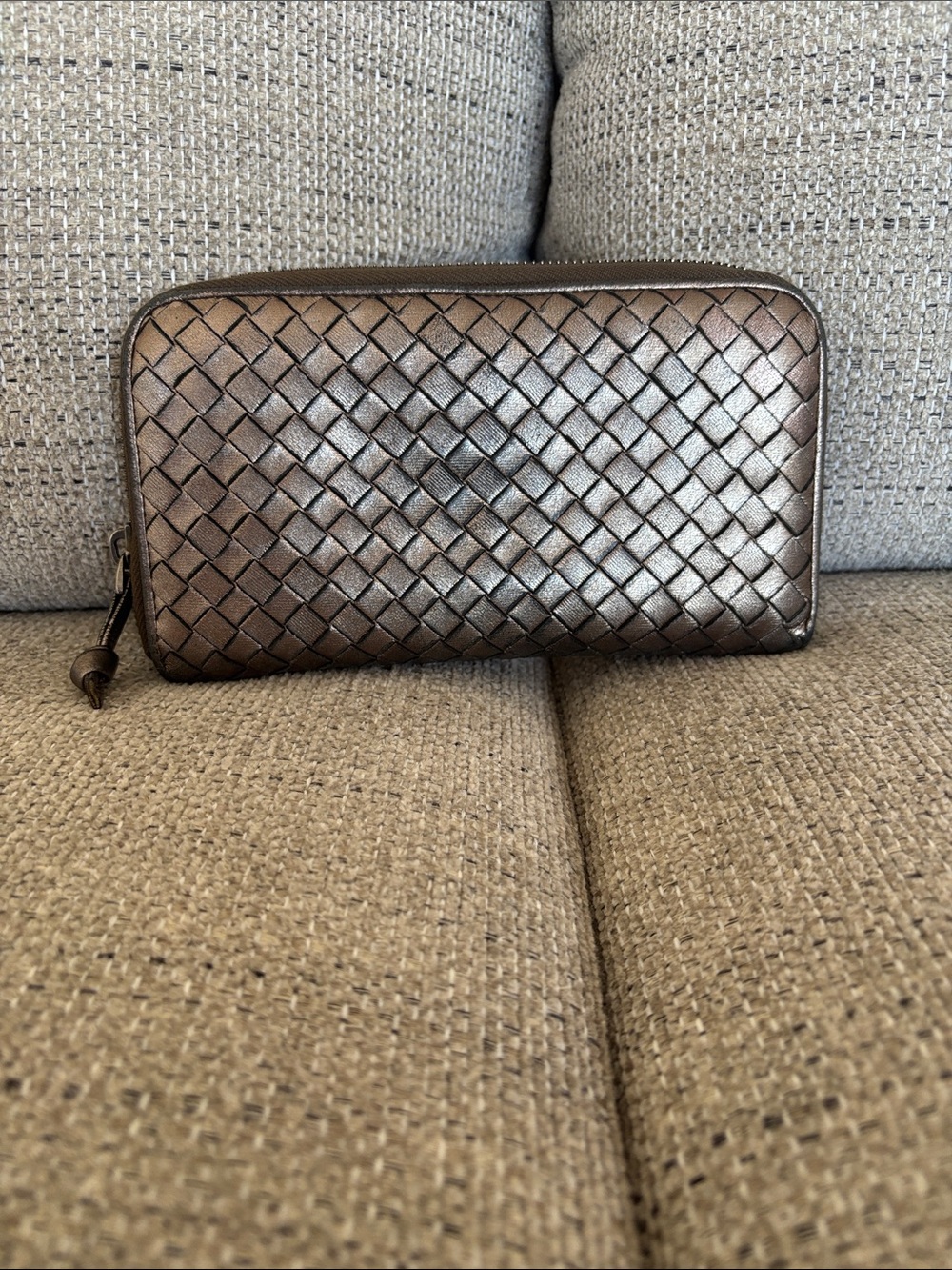 Bottega Veneta Metallic Brown Intrecciato Zip Wallet